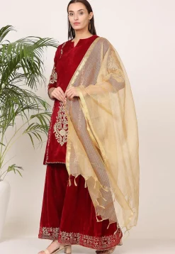 Embroidered Velvet Lehenga in Maroon