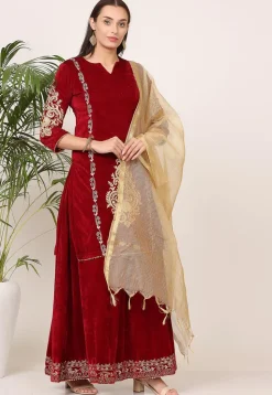 Embroidered Velvet Lehenga in Maroon