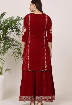 Embroidered Velvet Lehenga in Maroon