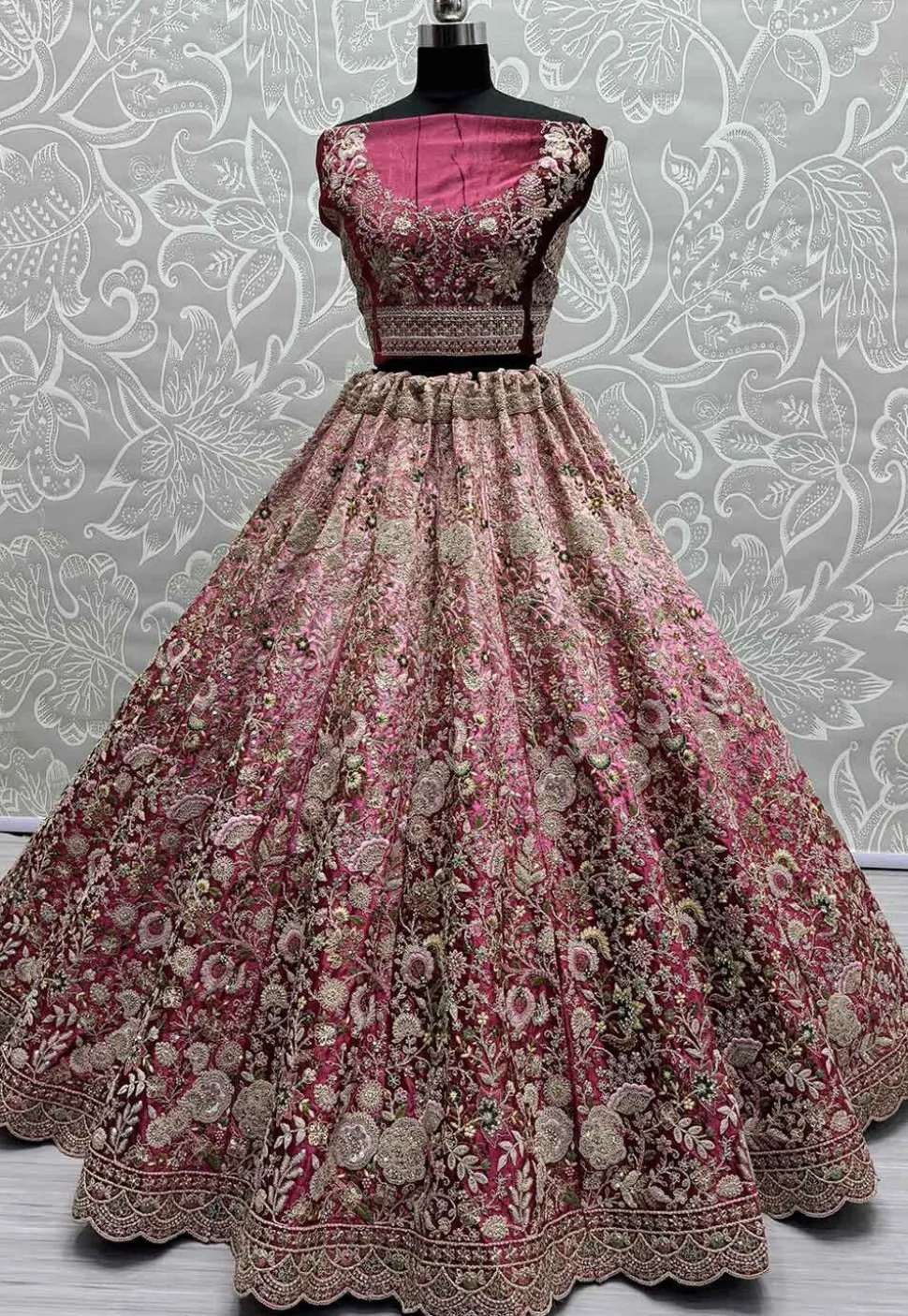 Embroidered Velvet Lehenga in Pink