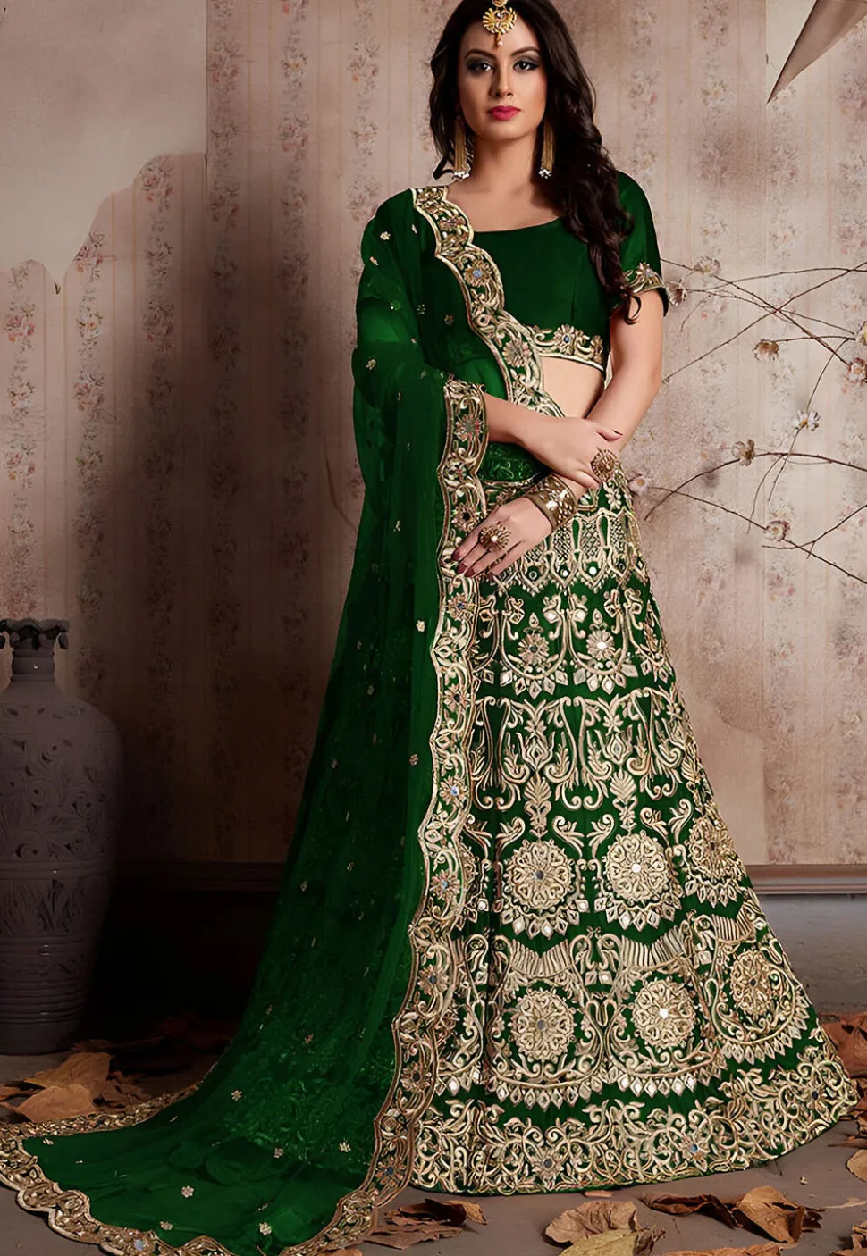 Embroidered Velvet Lehenga in Dark Green