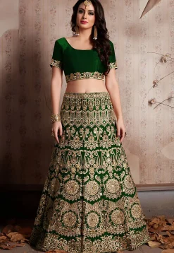 Embroidered Velvet Lehenga in Dark Green