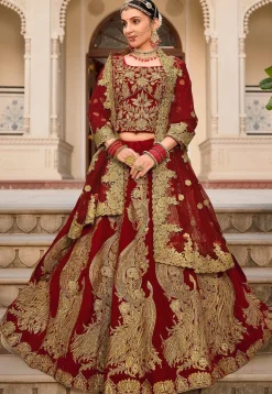 Embroidered Velvet Lehenga in Maroon