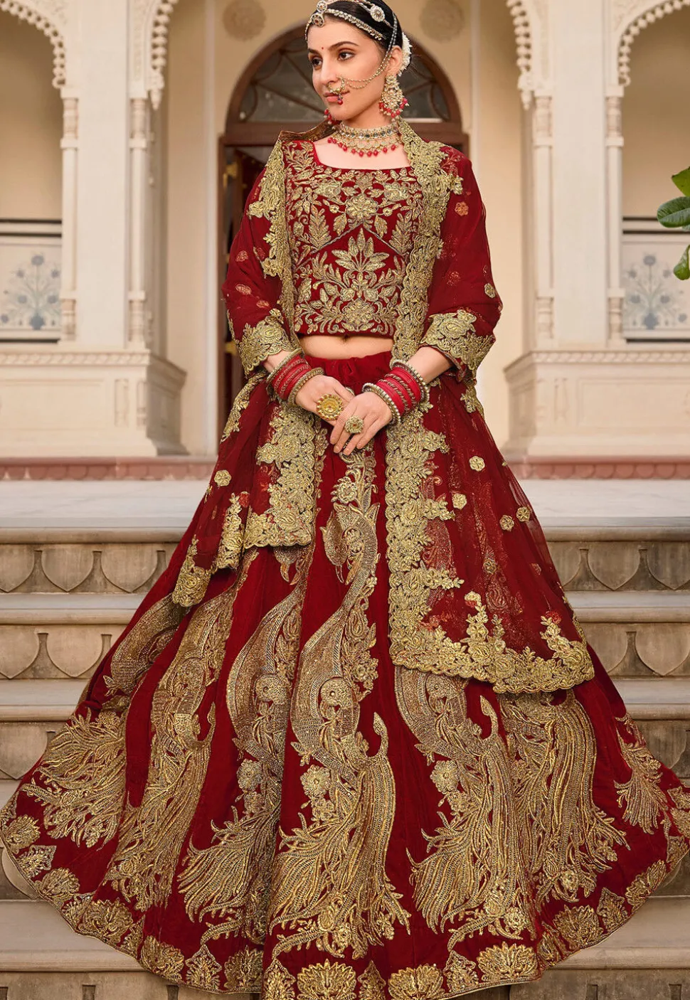 Embroidered Velvet Lehenga in Maroon