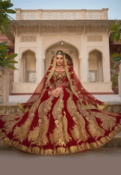 Embroidered Velvet Lehenga in Maroon