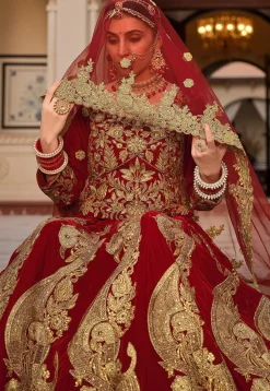 Embroidered Velvet Lehenga in Maroon