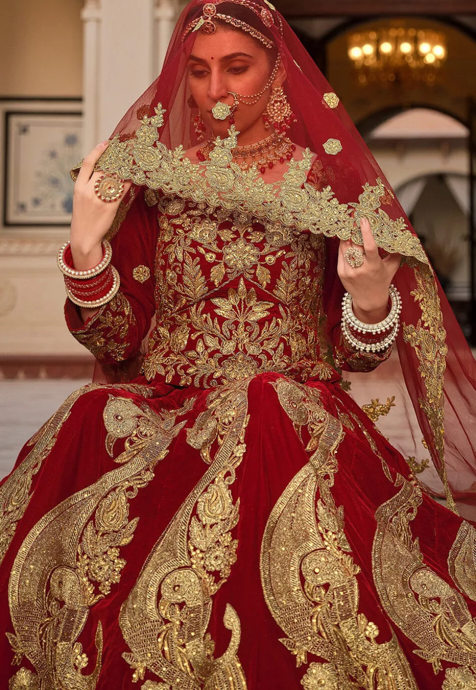Embroidered Velvet Lehenga in Maroon
