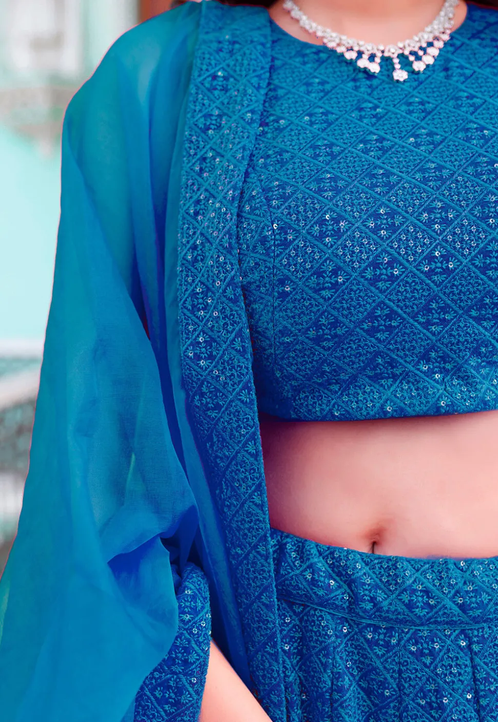 Embroidered Velvet Lehenga in Teal Blue