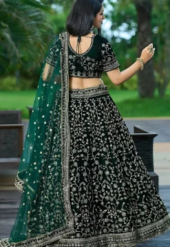 Embroidered Velvet Lehenga in Dark Green