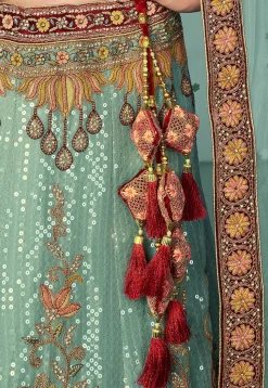 Embroidered Velvet Lehenga in Sea Green