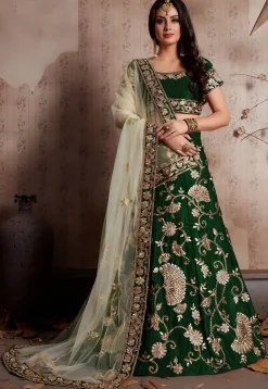 Embroidered Velvet Lehenga in Green