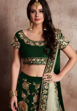 Embroidered Velvet Lehenga in Green