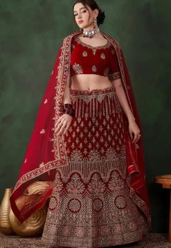Embroidered Velvet Lehenga in Red