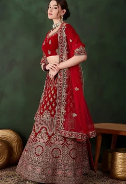 Embroidered Velvet Lehenga in Red