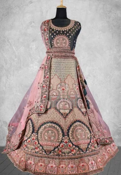 Embroidered Velvet Lehenga in Dusty Green and Black