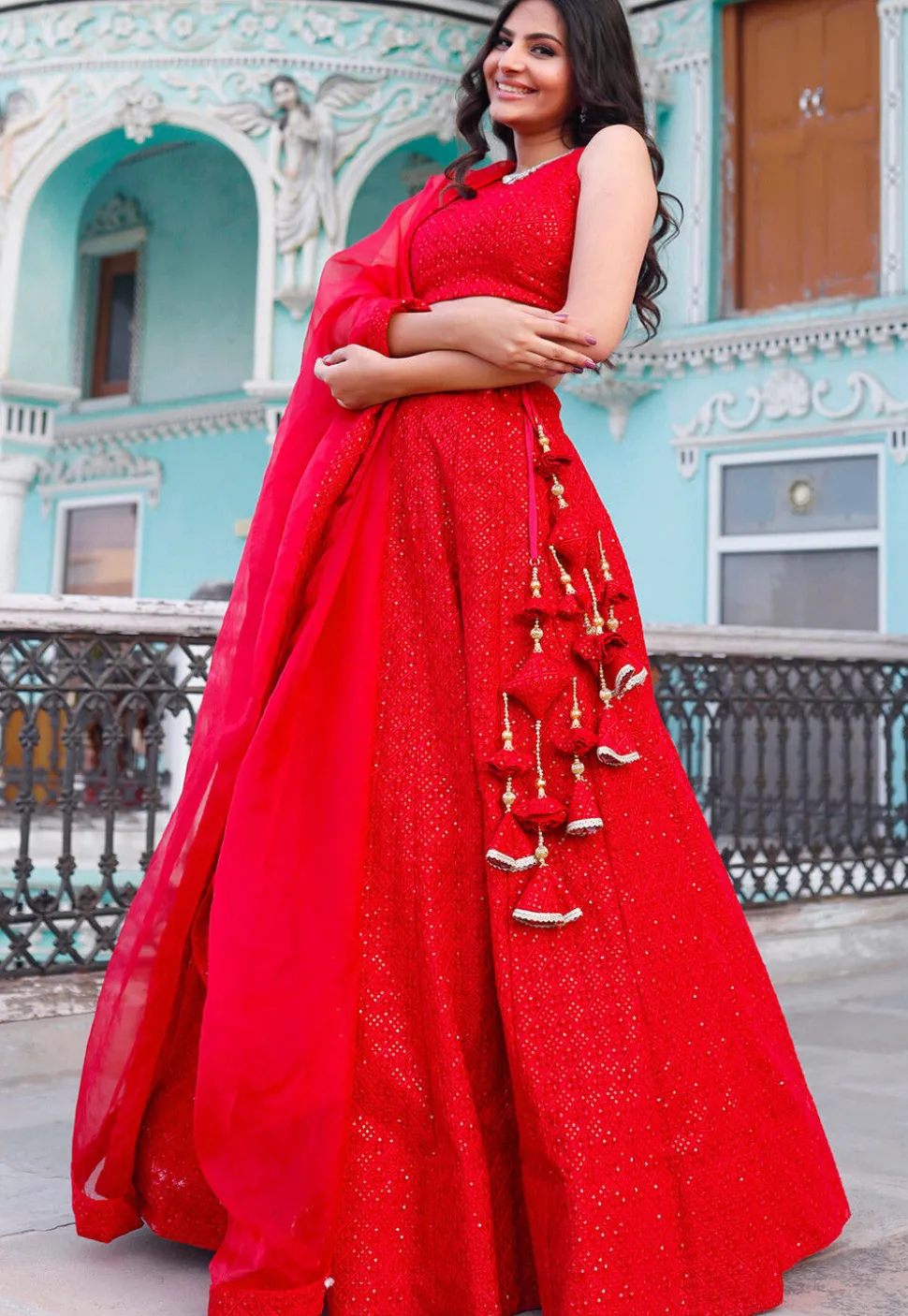 Embroidered Velvet Lehenga in Red