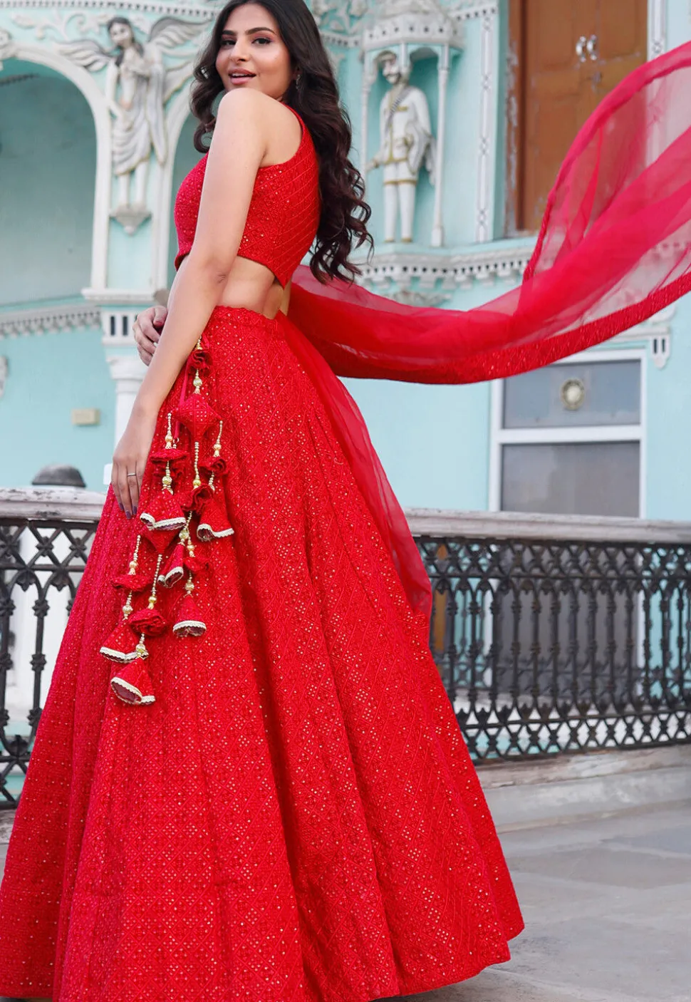 Embroidered Velvet Lehenga in Red