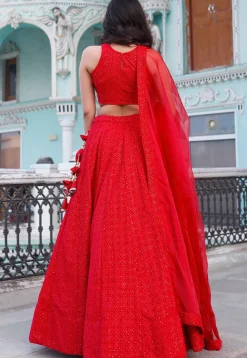 Embroidered Velvet Lehenga in Red