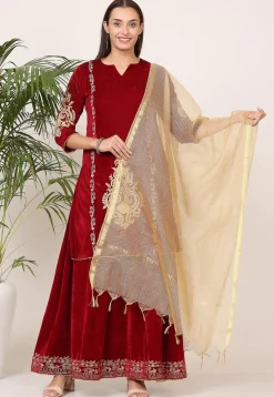 Embroidered Velvet Lehenga in Maroon