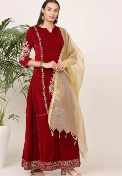 Embroidered Velvet Lehenga in Maroon