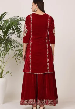 Embroidered Velvet Lehenga in Maroon