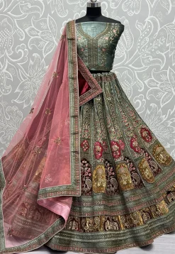 Embroidered Velvet Lehenga in Dusty Blue