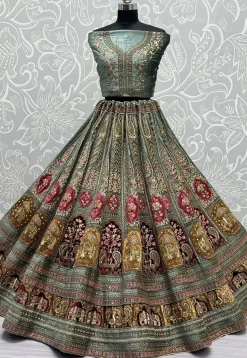 Embroidered Velvet Lehenga in Dusty Blue