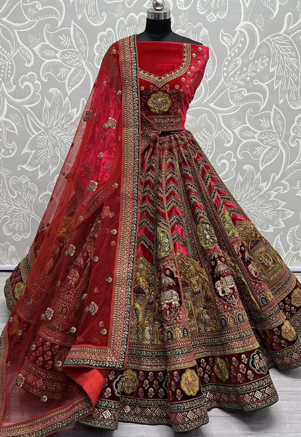 Embroidered Velvet Lehenga in Red