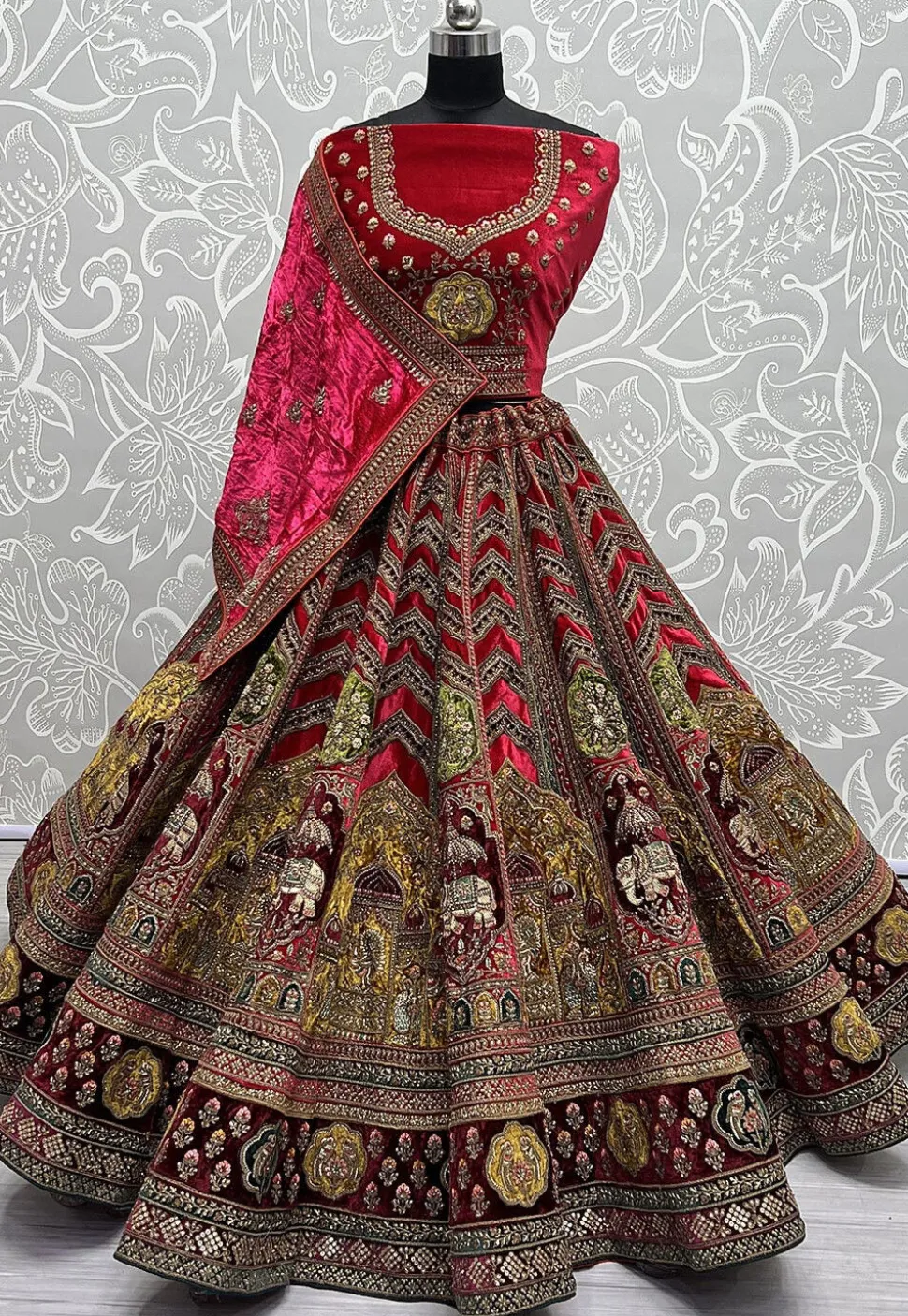 Embroidered Velvet Lehenga in Red