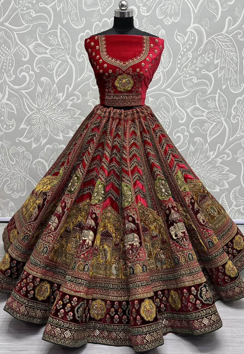 Embroidered Velvet Lehenga in Red