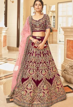 Embroidered Velvet Lehenga in Maroon