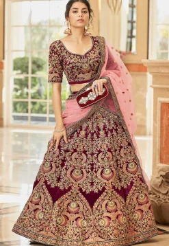 Embroidered Velvet Lehenga in Maroon
