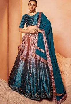 Embroidered Velvet Lehenga in Shaded Peach and Teal Blue