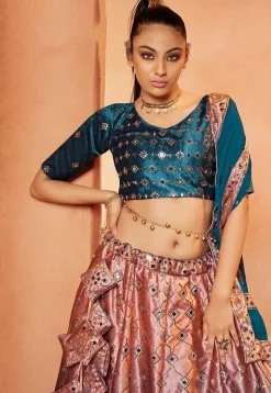 Embroidered Velvet Lehenga in Shaded Peach and Teal Blue