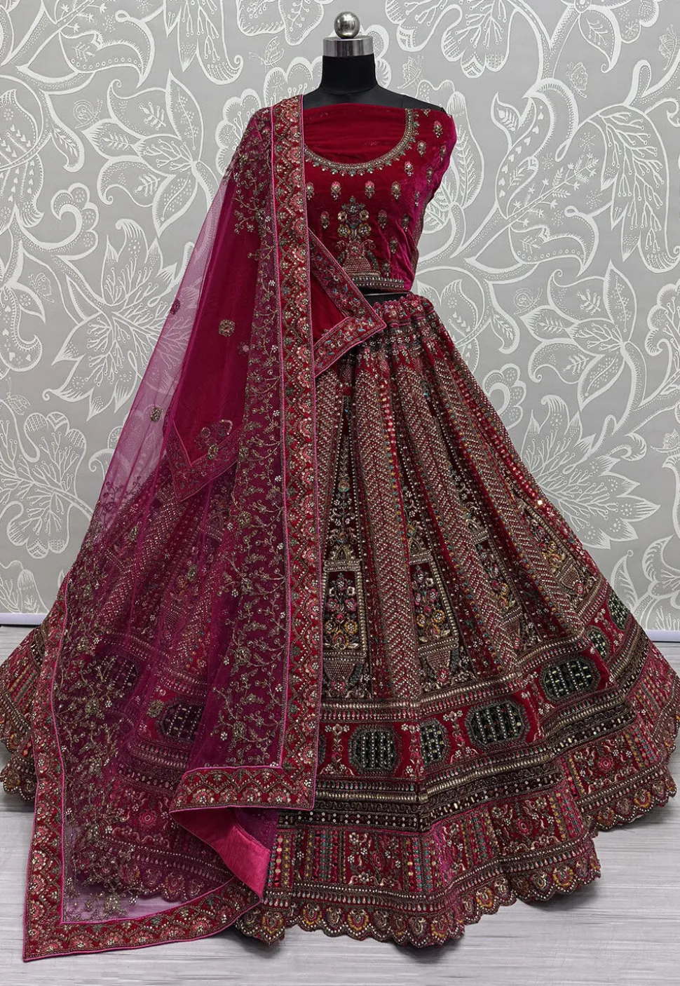 Embroidered Velvet Lehenga in Fuchsia