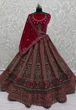 Embroidered Velvet Lehenga in Fuchsia