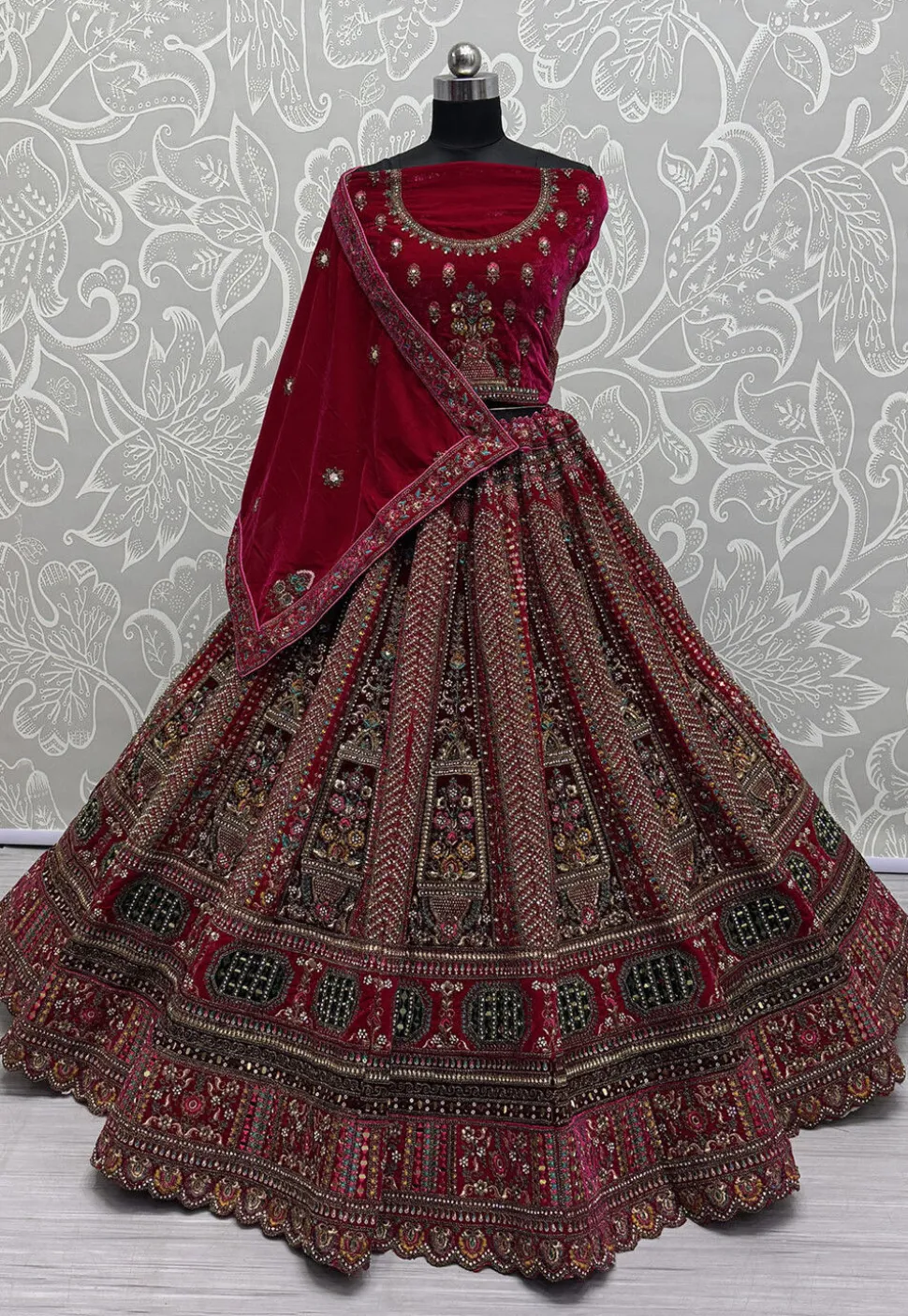 Embroidered Velvet Lehenga in Fuchsia