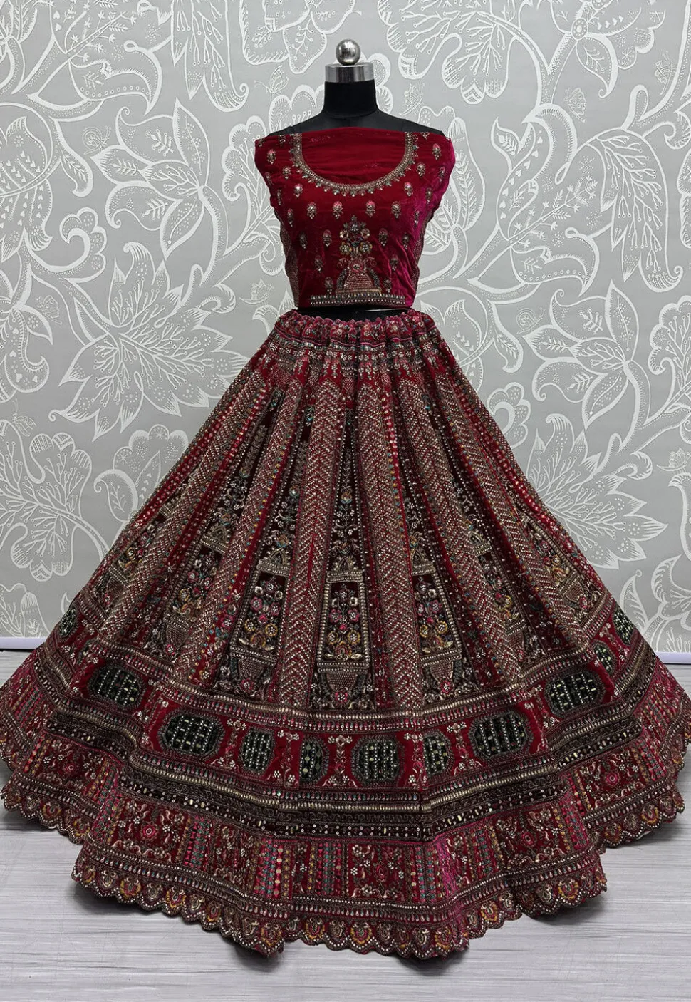 Embroidered Velvet Lehenga in Fuchsia
