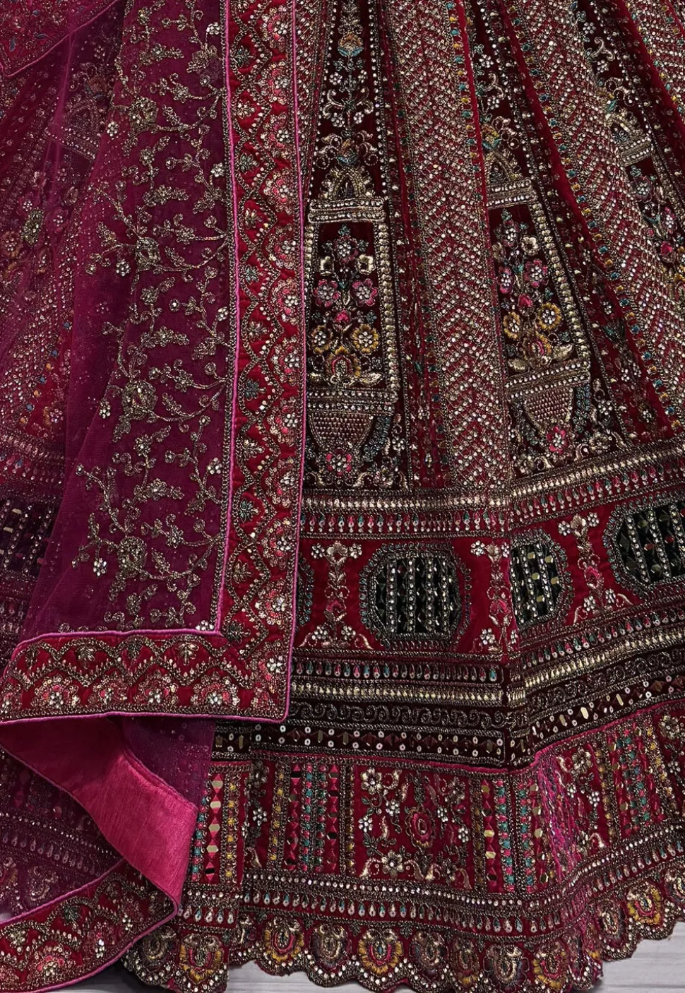 Embroidered Velvet Lehenga in Fuchsia