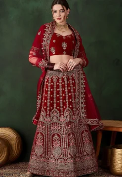 Embroidered Velvet Lehenga in Maroon
