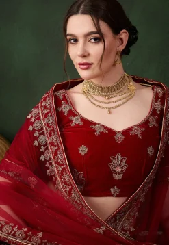 Embroidered Velvet Lehenga in Maroon