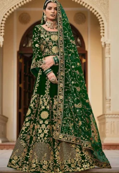 Embroidered Velvet Lehenga in Green