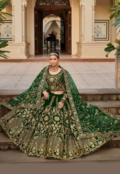 Embroidered Velvet Lehenga in Green