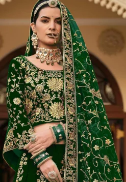 Embroidered Velvet Lehenga in Green