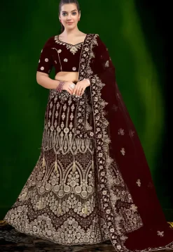 Embroidered Velvet Lehenga in Maroon