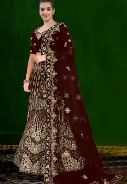 Embroidered Velvet Lehenga in Maroon