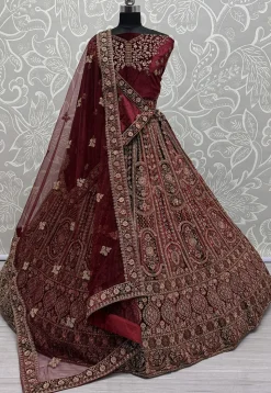 Embroidered Velvet Lehenga in Maroon