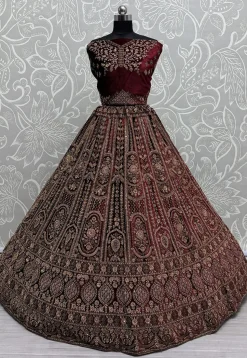 Embroidered Velvet Lehenga in Maroon