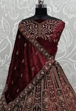Embroidered Velvet Lehenga in Maroon
