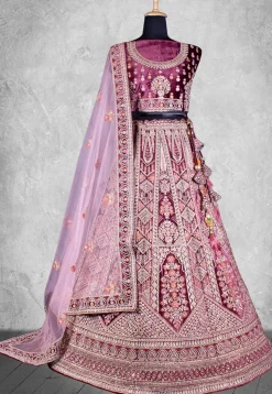 Embroidered Velvet Lehenga in Purple